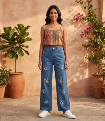 Women’s High Waist Wide Leg Blue Denim Jeans with White Floral Embroidery and Rhinestone Details (5)