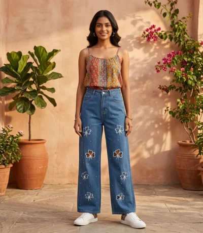 Women’s High Waist Wide Leg Blue Denim Jeans with White Floral Embroidery and Rhinestone Details (5)