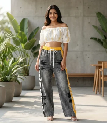 Women's High Waisted Distressed Grey Denim Joggers with Yellow Elastic Waistband and Side Typography Striping (1)