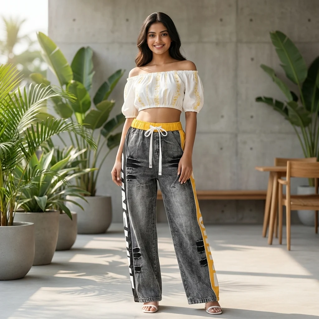 Women's High Waisted Distressed Grey Denim Joggers with Yellow Elastic Waistband and Side Typography Striping (1)