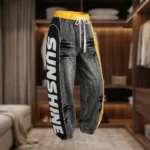 Women's High Waisted Distressed Grey Denim Joggers with Yellow Elastic Waistband and Side Typography Striping (2)