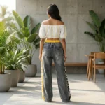 Women's High Waisted Distressed Grey Denim Joggers with Yellow Elastic Waistband and Side Typography Striping (5)