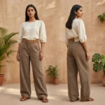 Women’s High Waisted Wide Leg Cotton Trousers in Earthy Brown (2)