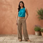 Women’s High Waisted Wide Leg Cotton Trousers in Earthy Brown (3)
