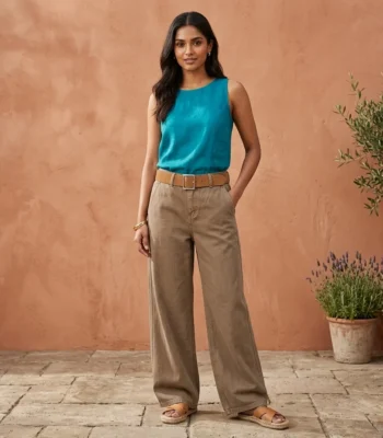 Women’s High Waisted Wide Leg Cotton Trousers in Earthy Brown (3)