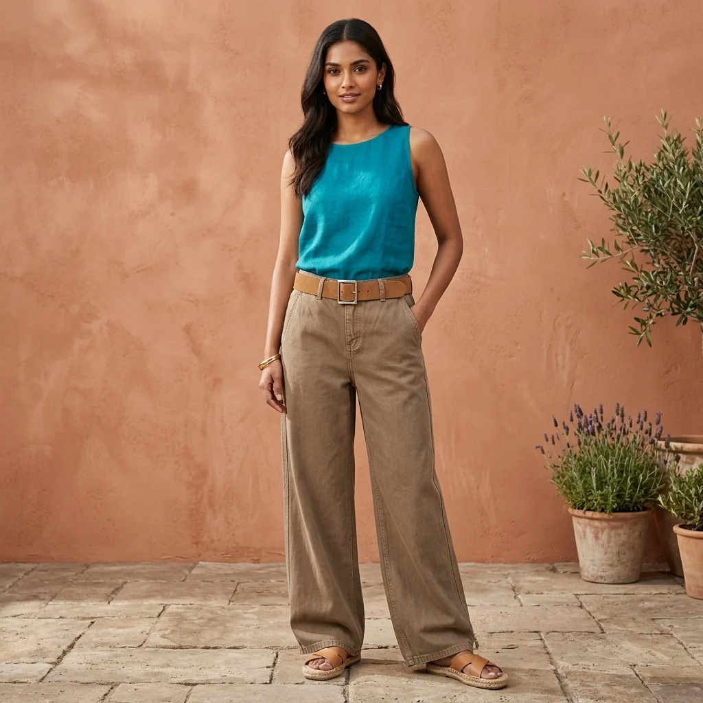 Women’s High Waisted Wide Leg Cotton Trousers in Earthy Brown (3)