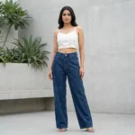 Women's High Waisted Wide Leg Dark Blue Denim Jeans with Multicolored Rhinestone Embellishments (1)