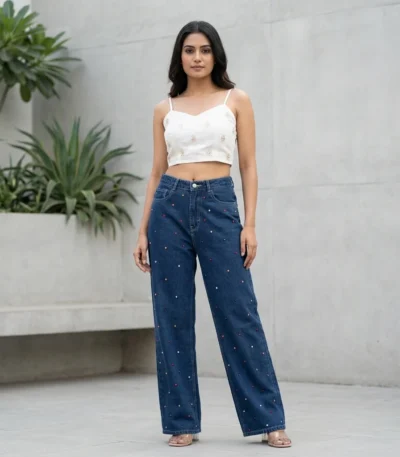 Women's High Waisted Wide Leg Dark Blue Denim Jeans with Multicolored Rhinestone Embellishments (1)