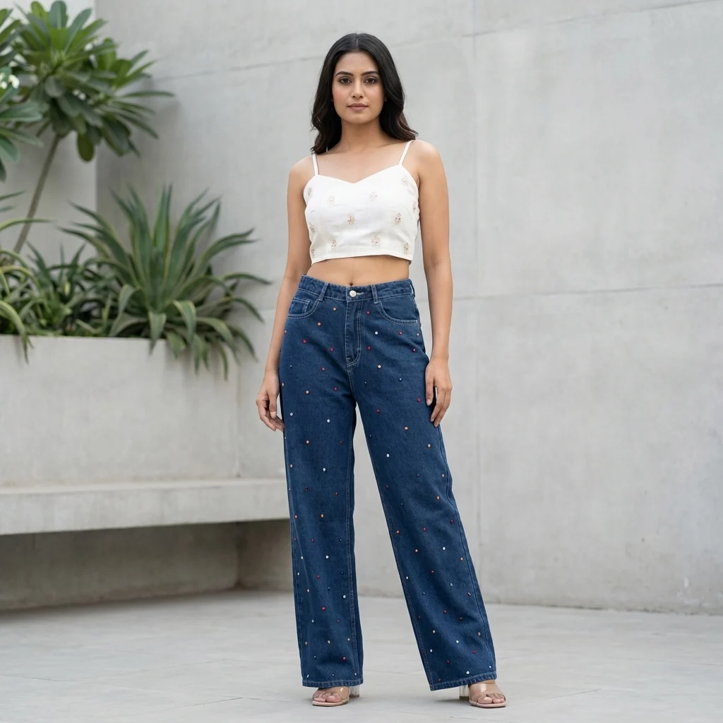 Women's High Waisted Wide Leg Dark Blue Denim Jeans with Multicolored Rhinestone Embellishments (1)