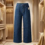 Women's High Waisted Wide Leg Dark Blue Denim Jeans with Multicolored Rhinestone Embellishments (2)