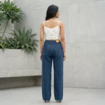 Women's High Waisted Wide Leg Dark Blue Denim Jeans with Multicolored Rhinestone Embellishments (3)