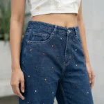 Women's High Waisted Wide Leg Dark Blue Denim Jeans with Multicolored Rhinestone Embellishments (4)