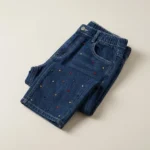 Women's High Waisted Wide Leg Dark Blue Denim Jeans with Multicolored Rhinestone Embellishments (5)