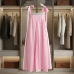 Women's Korean Style Pink and White Two Tone Parachute Maxi Dress with Tie Up Shoulder Ribbon (1)