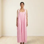 Women's Korean Style Pink and White Two Tone Parachute Maxi Dress with Tie Up Shoulder Ribbon (2)