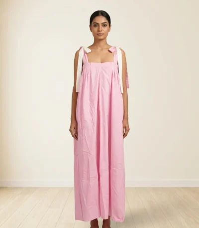 Women's Korean Style Pink and White Two Tone Parachute Maxi Dress with Tie Up Shoulder Ribbon (2)