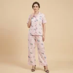 Women’s Pink Gingham Pajama Set with Puppy Print, Short Sleeve Notched Lapel Top and Full Length Trousers (1)