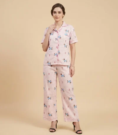 Women’s Pink Gingham Pajama Set with Puppy Print, Short Sleeve Notched Lapel Top and Full Length Trousers (1)