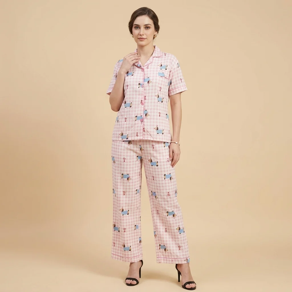 Women’s Pink Gingham Pajama Set with Puppy Print, Short Sleeve Notched Lapel Top and Full Length Trousers (1)