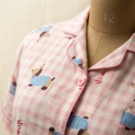 Women’s Pink Gingham Pajama Set with Puppy Print, Short Sleeve Notched Lapel Top and Full Length Trousers (3)