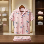 Women’s Pink Gingham Pajama Set with Puppy Print, Short Sleeve Notched Lapel Top and Full Length Trousers (5)
