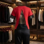 Women's Red Lace Trimmed Backless Top with Black Eyelash Lace Details (1)