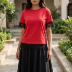 Women's Red Lace Trimmed Backless Top with Black Eyelash Lace Details (4)