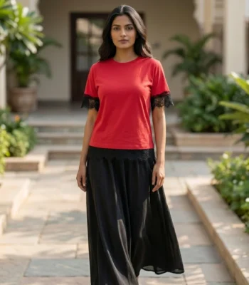 Women's Red Lace Trimmed Backless Top with Black Eyelash Lace Details (5)