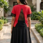Women's Red Lace Trimmed Backless Top with Black Eyelash Lace Details (6)
