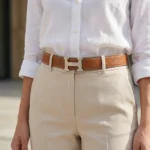 Women's Tan Pebbled Leather Belt with Silver H Buckle (1)