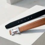 Women's Tan Pebbled Leather Belt with Silver H Buckle (2)