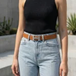 Women's Tan Pebbled Leather Belt with Silver H Buckle (3)