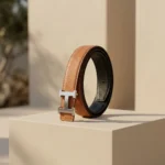 Women's Tan Pebbled Leather Belt with Silver H Buckle (4)