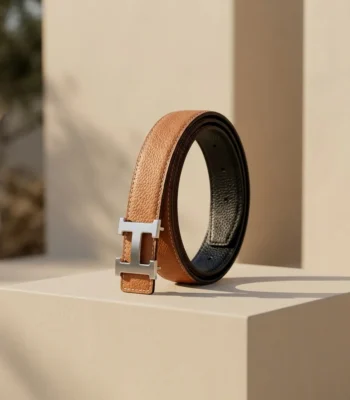 Women's Tan Pebbled Leather Belt with Silver H Buckle (4)