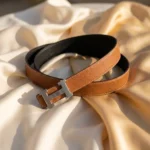 Women's Tan Pebbled Leather Belt with Silver H Buckle (5)