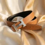 Women's Tan Pebbled Leather Belt with Silver H Buckle (6)