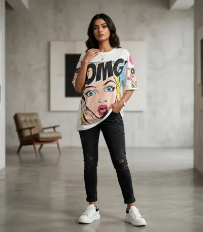Women’s White Oversized Pop Art T Shirt with Rhinestone Embellishments and Comic Print (1)
