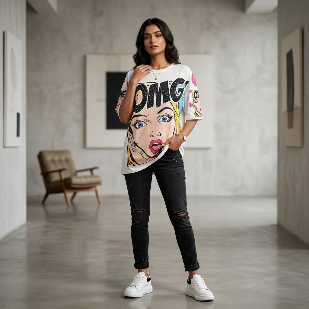 Women’s White Oversized Pop Art T Shirt with Rhinestone Embellishments and Comic Print (1)