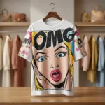 Women’s White Oversized Pop Art T Shirt with Rhinestone Embellishments and Comic Print (2)