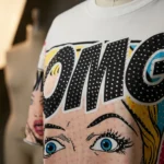 Women’s White Oversized Pop Art T Shirt with Rhinestone Embellishments and Comic Print (3)