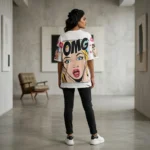 Women’s White Oversized Pop Art T Shirt with Rhinestone Embellishments and Comic Print (5)