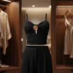 Women's black spaghetti strap top with gold rose centerpiece and sweetheart neckline (1)