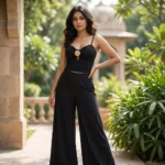 Women's black spaghetti strap top with gold rose centerpiece and sweetheart neckline (2)