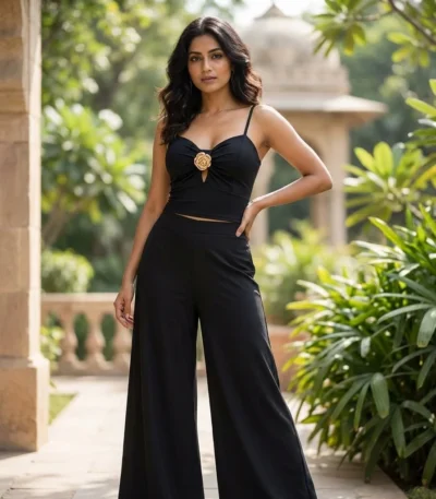 Women's black spaghetti strap top with gold rose centerpiece and sweetheart neckline (2)