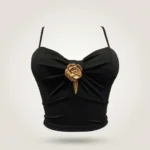 Women's black spaghetti strap top with gold rose centerpiece and sweetheart neckline (5)