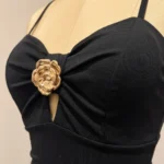 Women's black spaghetti strap top with gold rose centerpiece and sweetheart neckline (7)