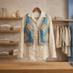 Women's bohemian two piece set featuring an ivory floral embroidered shirt layered under a blue denim style vest with gold ethnic embroidery (1)