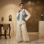 Women's bohemian two piece set featuring an ivory floral embroidered shirt layered under a blue denim style vest with gold ethnic embroidery (2)