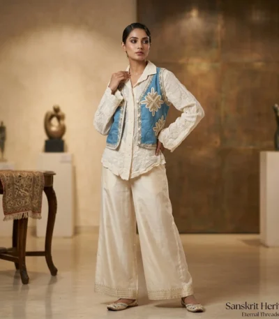 Women's bohemian two piece set featuring an ivory floral embroidered shirt layered under a blue denim style vest with gold ethnic embroidery (2)