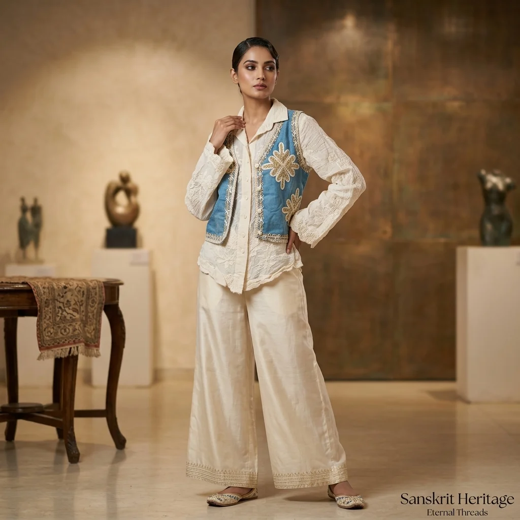 Women's bohemian two piece set featuring an ivory floral embroidered shirt layered under a blue denim style vest with gold ethnic embroidery (2)